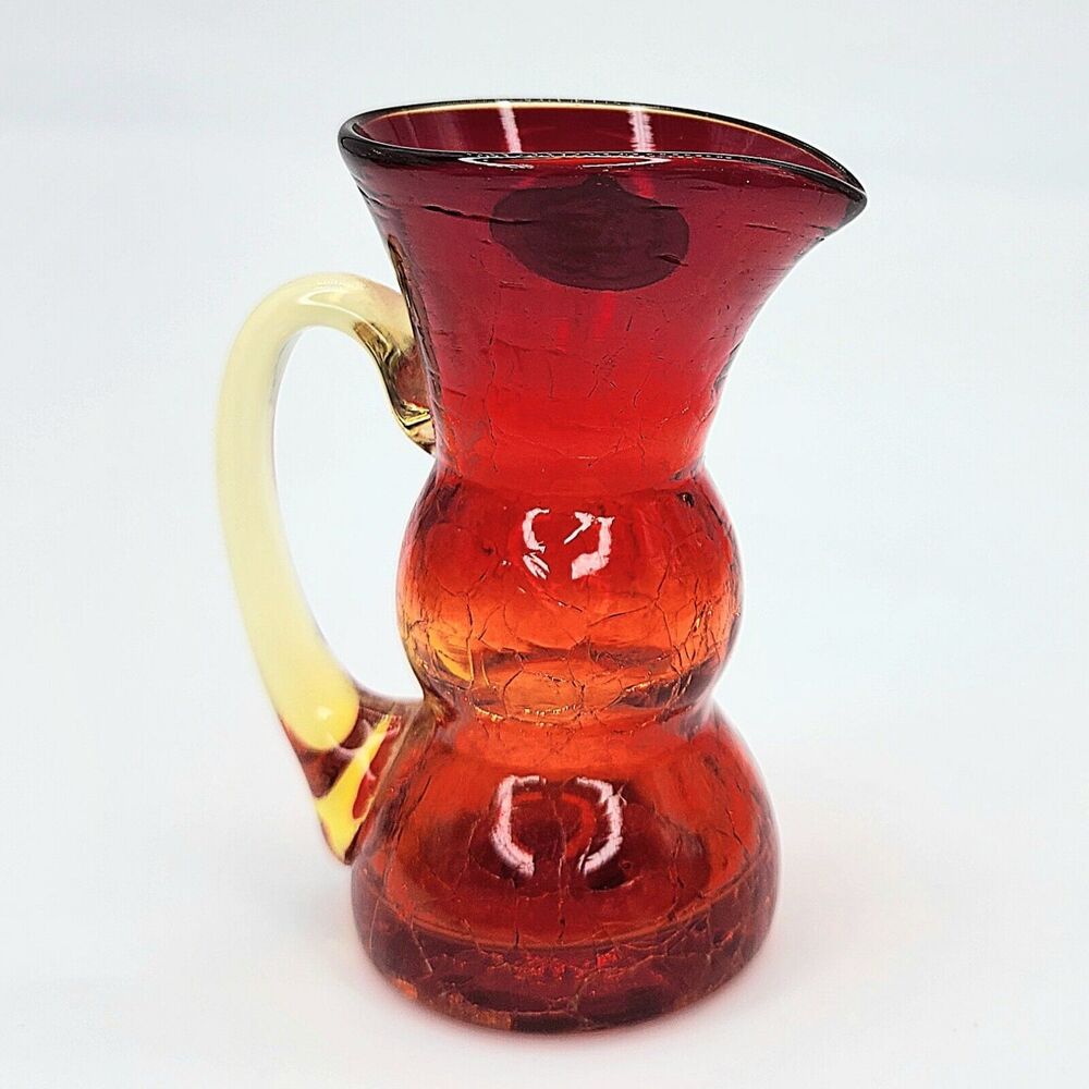 Vintage Rainbow Amberina Crackle Art Glass Mini Pitcher Handblown